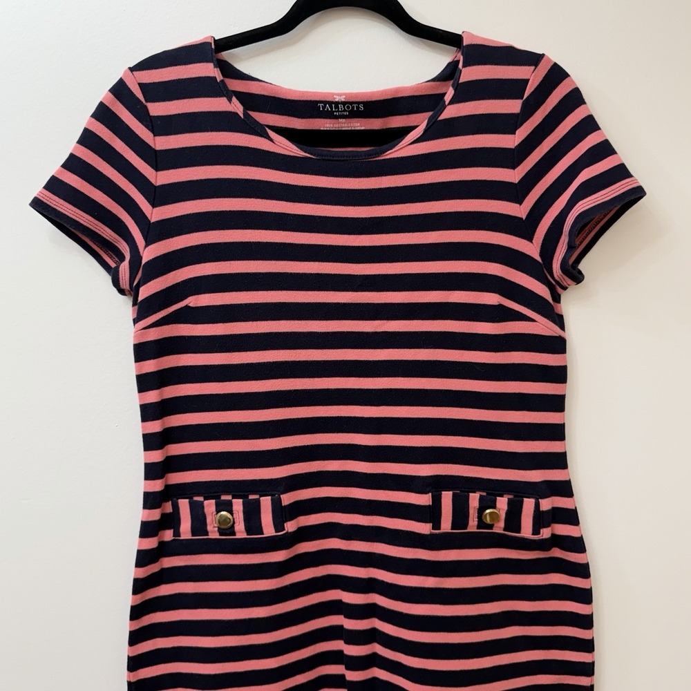 Talbots Dress Navy Pink‎ Striped 100% Cotton Med Pet Classic Preppy